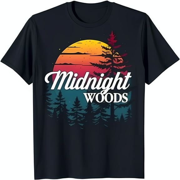Retro Sunset Graphic on Black T-Shirt 'Midnight Woods' with Trees