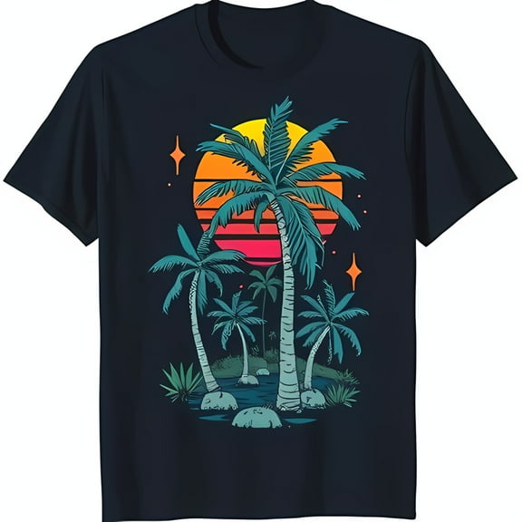 Retro Sunset Graphic on Black T-Shirt with Trees & Stars Stylish Summer Vibe
