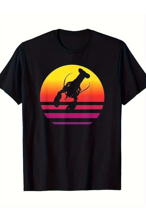 Retro Sunset Lobster Graphic T-Shirt, Cool Ocean Seafood Beach Vacation Tee, Vibrant 80s Synthwave Style Apparel