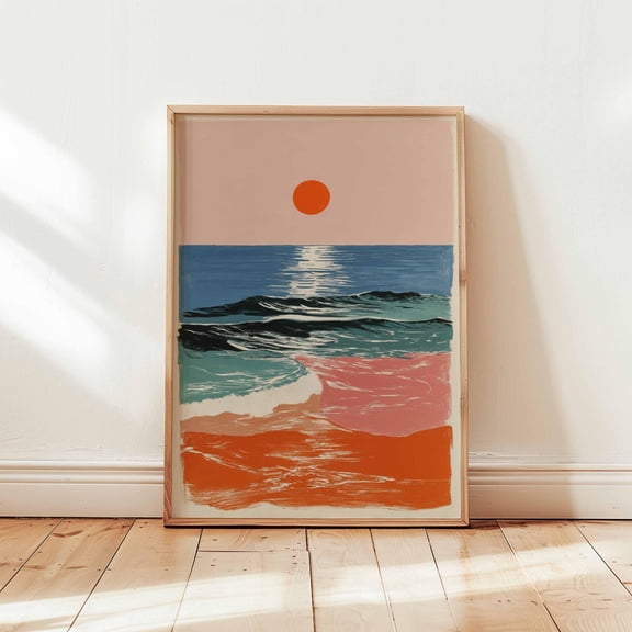 Retro Sunset Ocean Waves Poster, Abstract Coastal Wall Art, Modern Beach Sunrise Print In Bold Colors