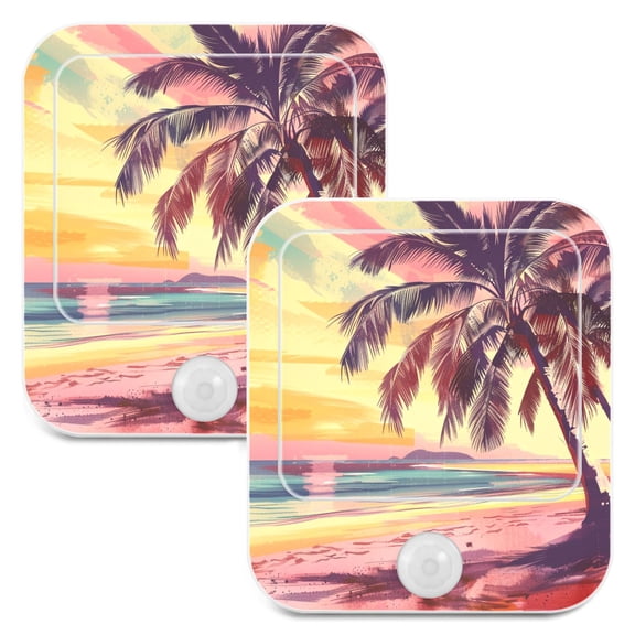 Retro Sunset Palm Tree on Beach 2 Pack LED Motion Sensor Night Light Plug into Wall Auto Dusk to Dawn Adjustable Brightness for Kids Bedroom Hallway Nursery Room