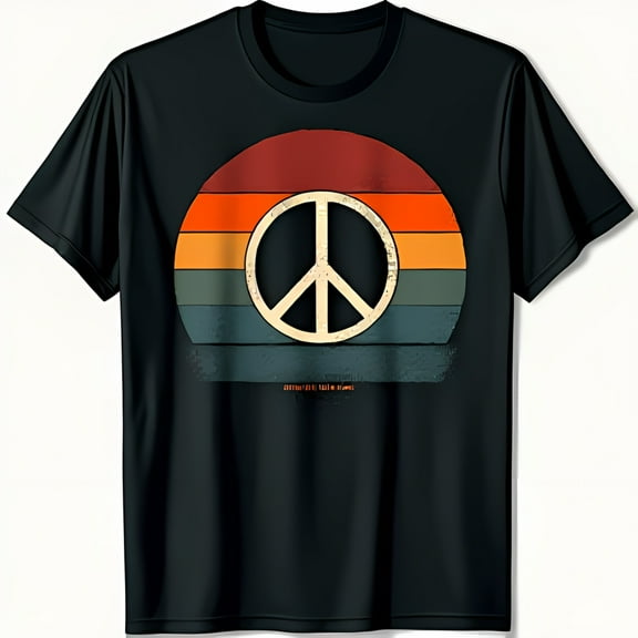 Retro Sunset Peace Sign Black T-Shirt Colorful Graphic Tee for Casual Style