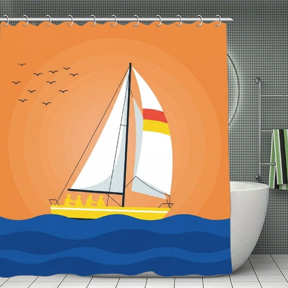 Retro Sunset Sail Print Shower Curtain,Modern Fabric Waterproof Shower Curtain Set with Hooks,70.8×70.8Inch
