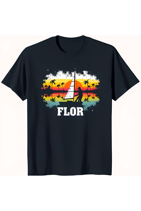 Retro Sunset Sailboat T-Shirt for Men Dark Blue Tee with Trees & 'FLOR' Design