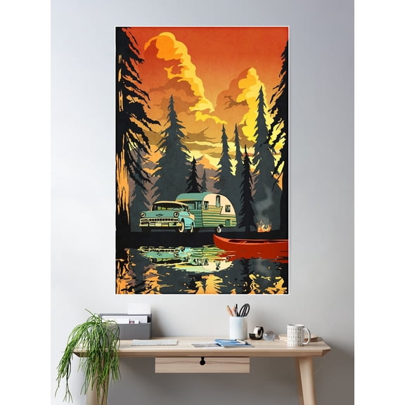 Retro Sunset Scenic Camping Travel Poster, Outdoors, Tourism Poster Wall Art, Modern Wall Decor For Living Room Bedroom, 16x24 UNFRAMED