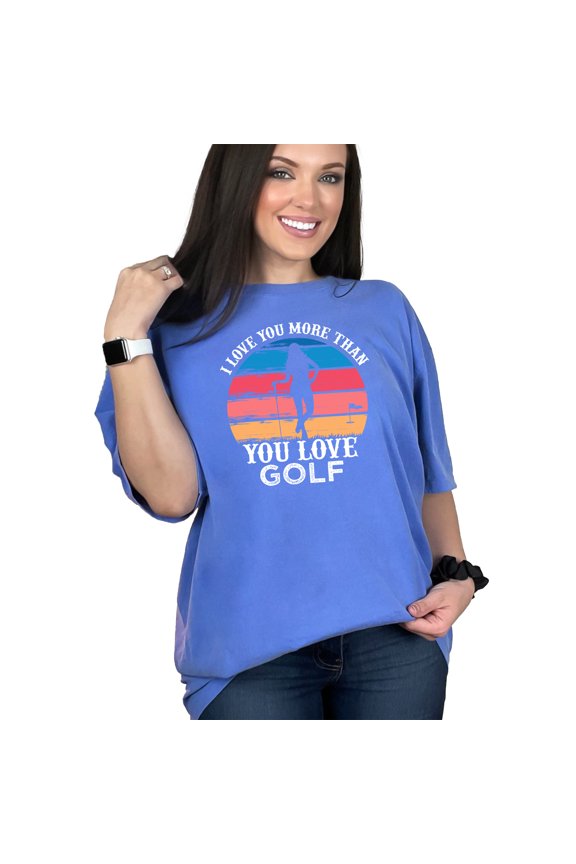 Retro Sunset Silhouette Golfer Design, Flo Blue Comfort Colors T-Shirt, 3XL