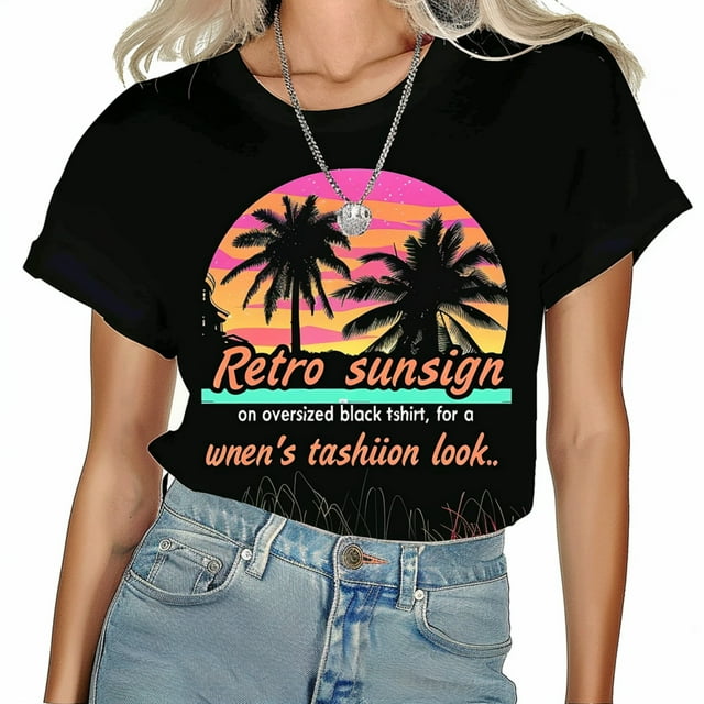 Retro Sunset South Beach Miami Oversized Black TShirt Women's Trendy ...