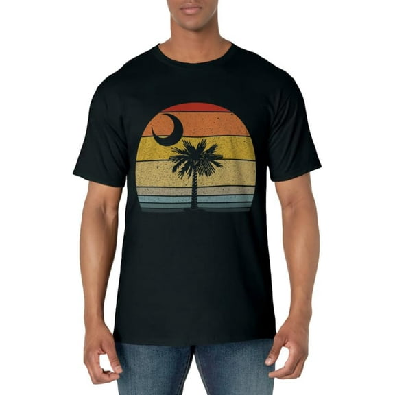 Retro Sunset South Carolina Flag Palmetto Tree Crescent Moon T-Shirt
