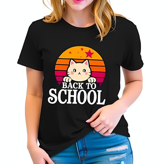 Retro Sunset Stripes Cotton Short Sleeve T-Shirt with Cute Cartoon Cat & 'BACK TO SCHOOL' Graphic