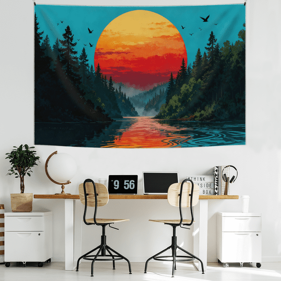Retro Sunset Tapestry, Synthwave Wall Hanging with Forest River Landscape, Vintage Futurism Decor for Living Room Bedroom Dorm Decor 40x60 in