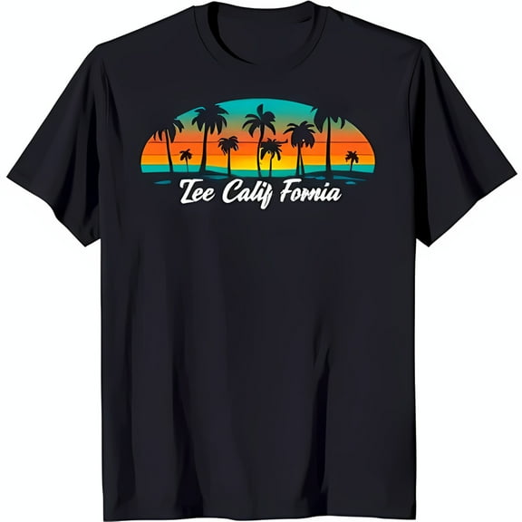 Retro Sunset Tree Graphic Black T-Shirt 'Tee Cali Fornia' Design