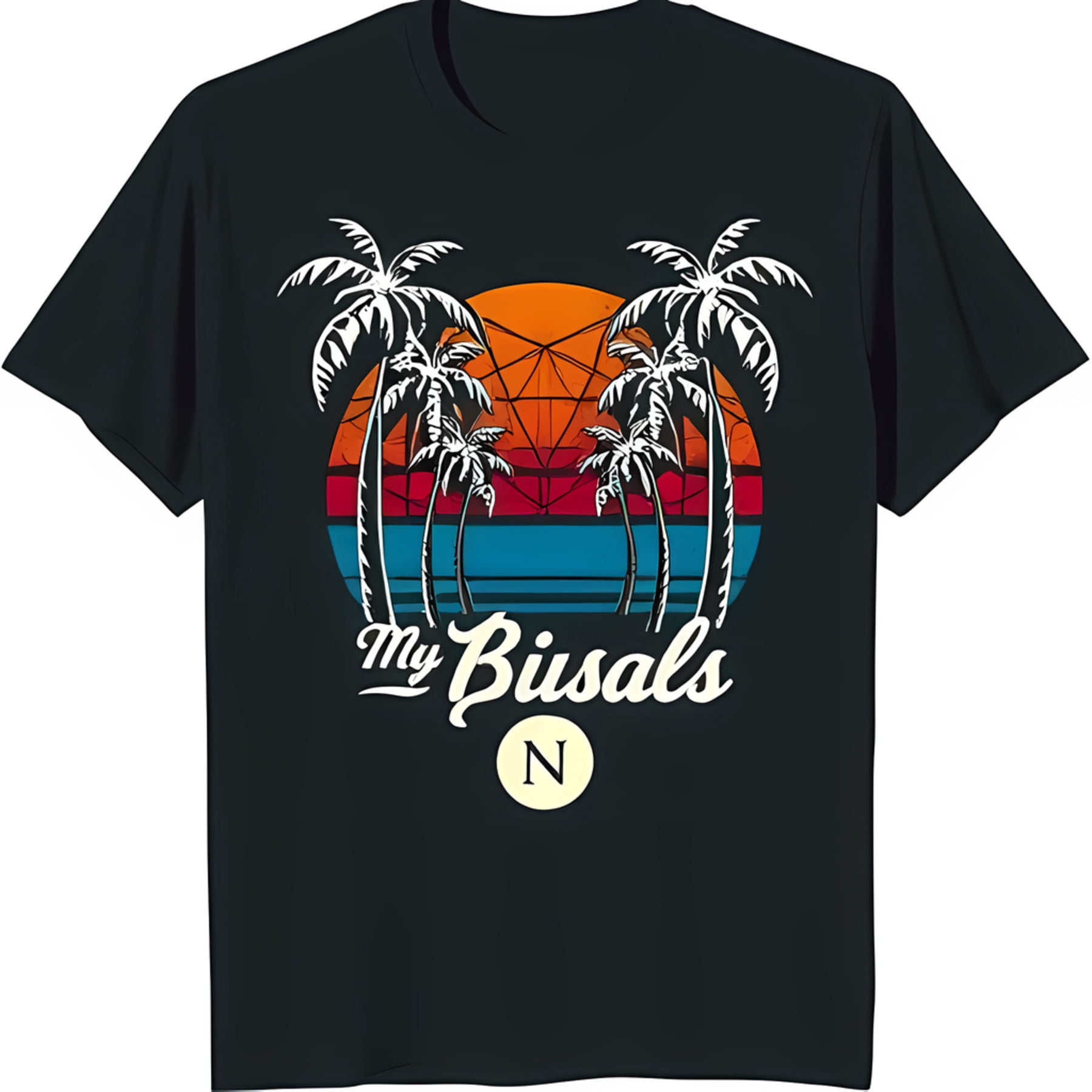 Retro Sunset Trees Black T-Shirt with 'My Bisals' Cursive Design & N ...