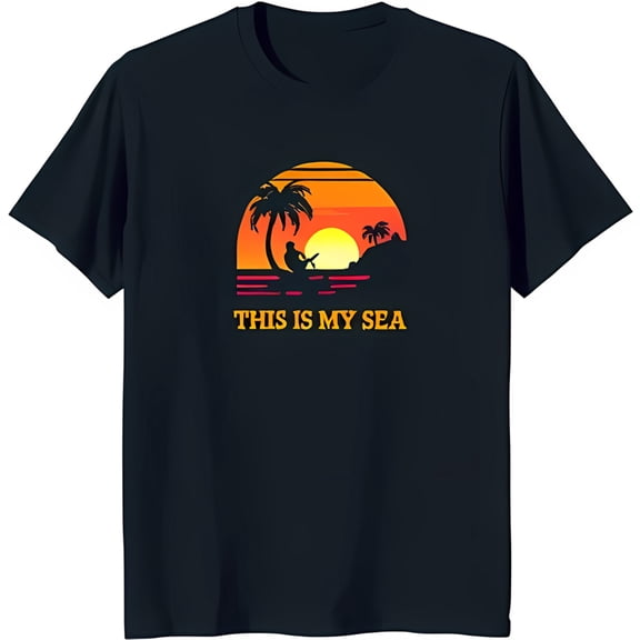 Retro Sunset Trees Graphic T-Shirt 'This is My Sea' Design for Beach Lovers