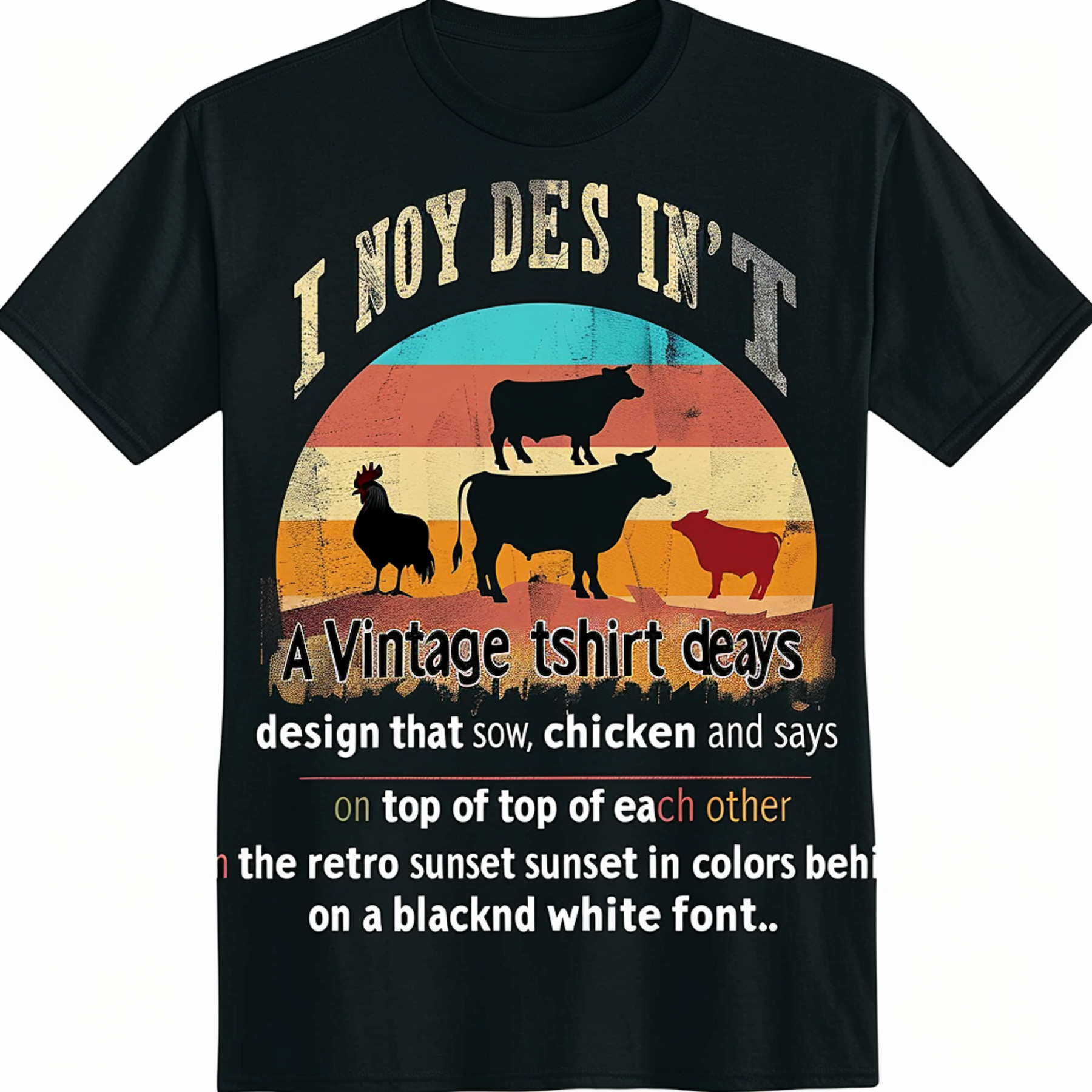 Retro Sunset Vegan TShirt Funny Animal Stack Design Black Tee with Cow