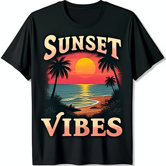 Retro Sunset Vibes Black T-Shirt with Vibrant Beach Scene & Trees