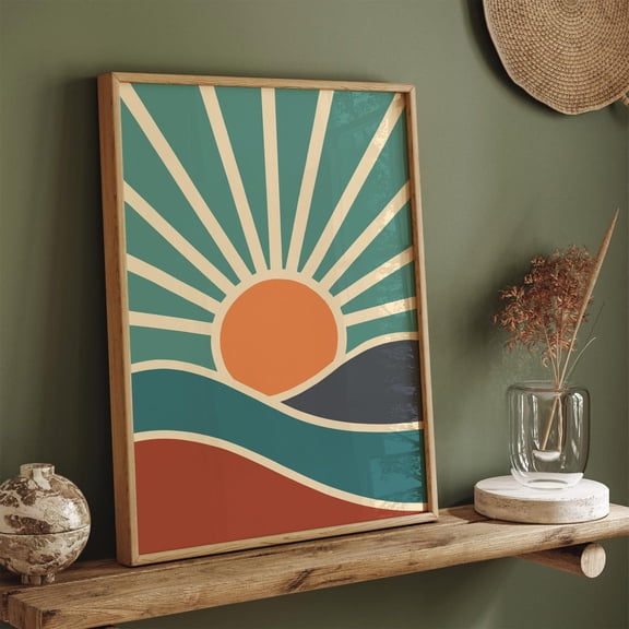 Retro Sunset Wall Art Mid Century Modern Landscape Design 1, Unframed Paper Poster 11x14in