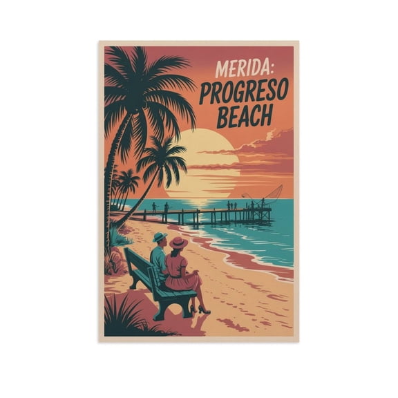 Retro Sunset Wall Decor Progreso Beach Merida Mexico Vintage Travel Poster Tropical Palm Ocean Pier Mid Century Print Print Poster
