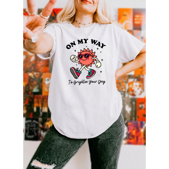 Retro Sunshine Brighten Your Day Positive Quote Graphic Print Unisex T-Shirt, up to size 5XL