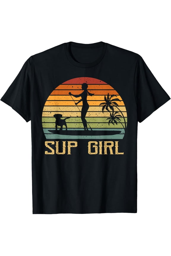 Retro Sup Girl Dog Paddling Paddle Board SUP Water Sports T-Shirt