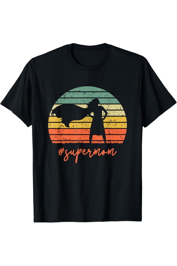 Retro Supermom Superhero Silhouette Women's Graphic T-Shirt Vintage Sunset Mother's Day Gift Tee