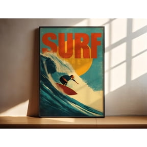Retro Surf Vintage Surfer Wall Art Surfing Wave Print Blue Coastal Decor, Unframed Paper Print