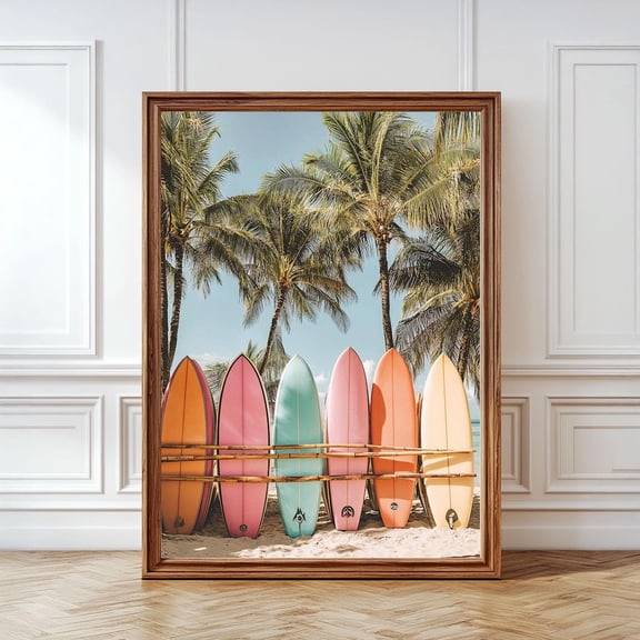 Retro Surfboard Poster, Tropical Beach Photography, Coastal Wall Decor For Living Room