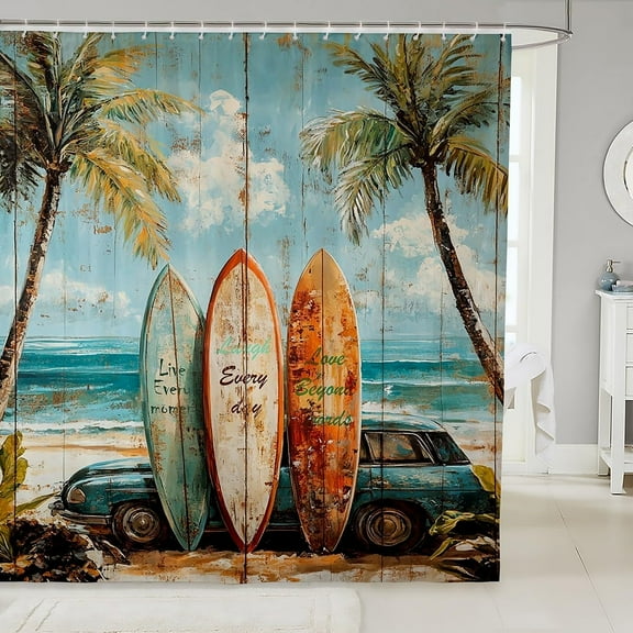 Retro Surfboard Shower Curtain for Bathroom Decor Kids Beach Palm Tree Bath Curtain for Boys Girls Teens Surfing Bathroom Accessories Coastal Car Waterproof Fabric-60"W x 72"L (Pack of 1)
