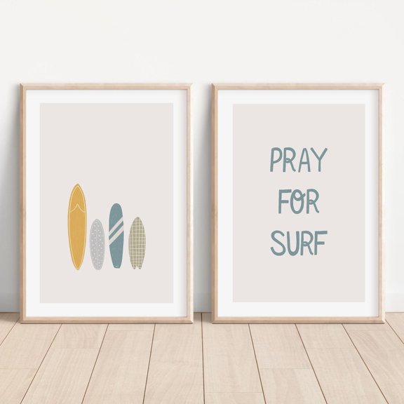 Retro Surfboard Surf Art Pray For Surf Poster Yellow Sage Green Prints Boy'S Room Beach Decor Set 2