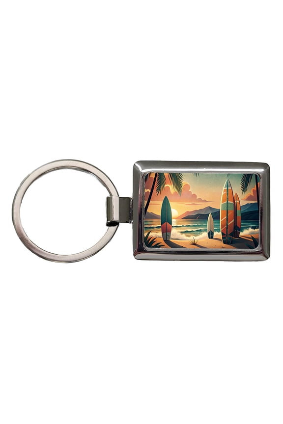 Retro Surfboards On Beach Tropical Sunset Illustration Metal Rectangle Keychain