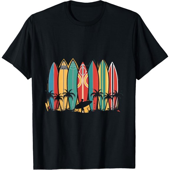 Retro Surfboards Surfing Beach Palm Trees Ocean T-Shirtmen and women can wear, black, white, gifts.S,M,L,XL,2XL,3XL,2228XL