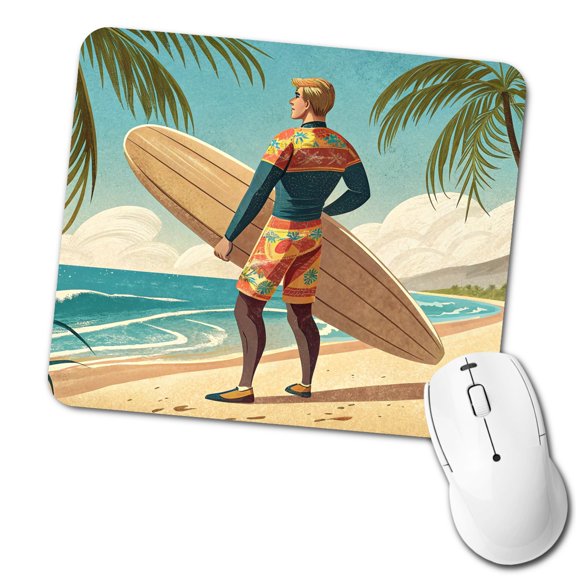 Retro Surfer Beach Scene Mouse Pad Low Profile Gaming Mat