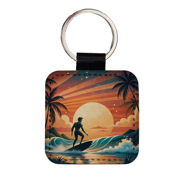 Retro Surfer Beach Tropical Sunset Illustration Faux Leather Square Keychain