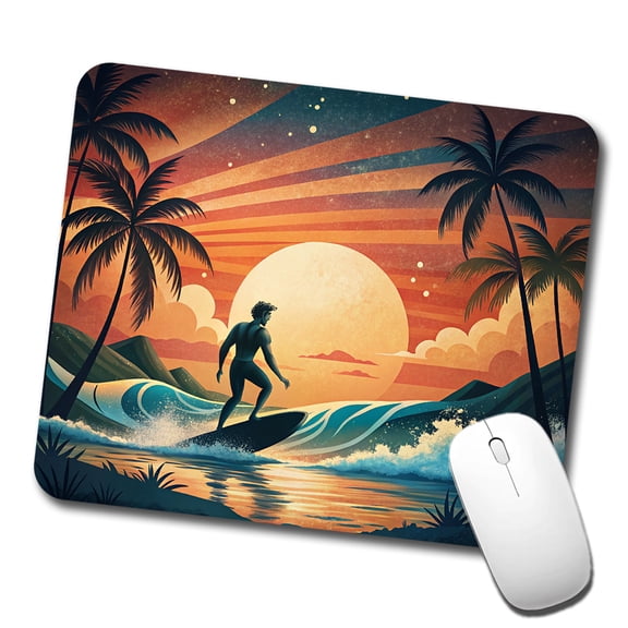Retro Surfer Beach Tropical Sunset Illustration Mouse Pad Low Profile Gaming Mat
