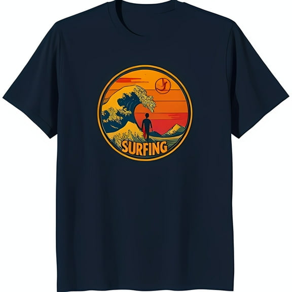 Retro Surfer Graphic T-Shirt Blue with Sunset Wave Design & 'SURFING' Text