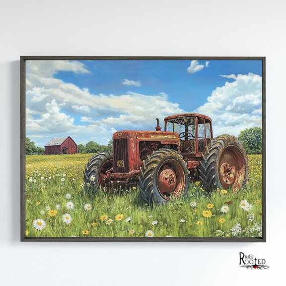 Retro Surfer Silkscreen 1960s Beach Wall Decoration Rustic Red Tractor Poster Vintage Farmhouse Wall Art, UNFRAMED Size 16x16