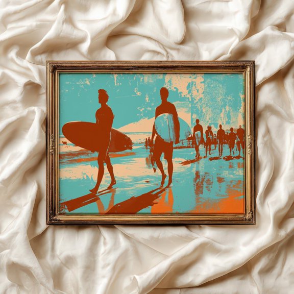 Retro Surfer Silkscreen 1960s Beach Wall Decoration, UNFRAMED Size 30x30