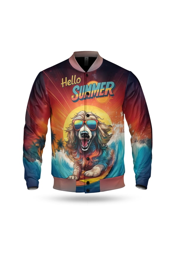 Retro Surfing Afghan Hound in Cool Sunglasses Hello Summer Waves All Over Print 3D Baseball Jacket Dog Lover Bomber Jacket Softball - 10001