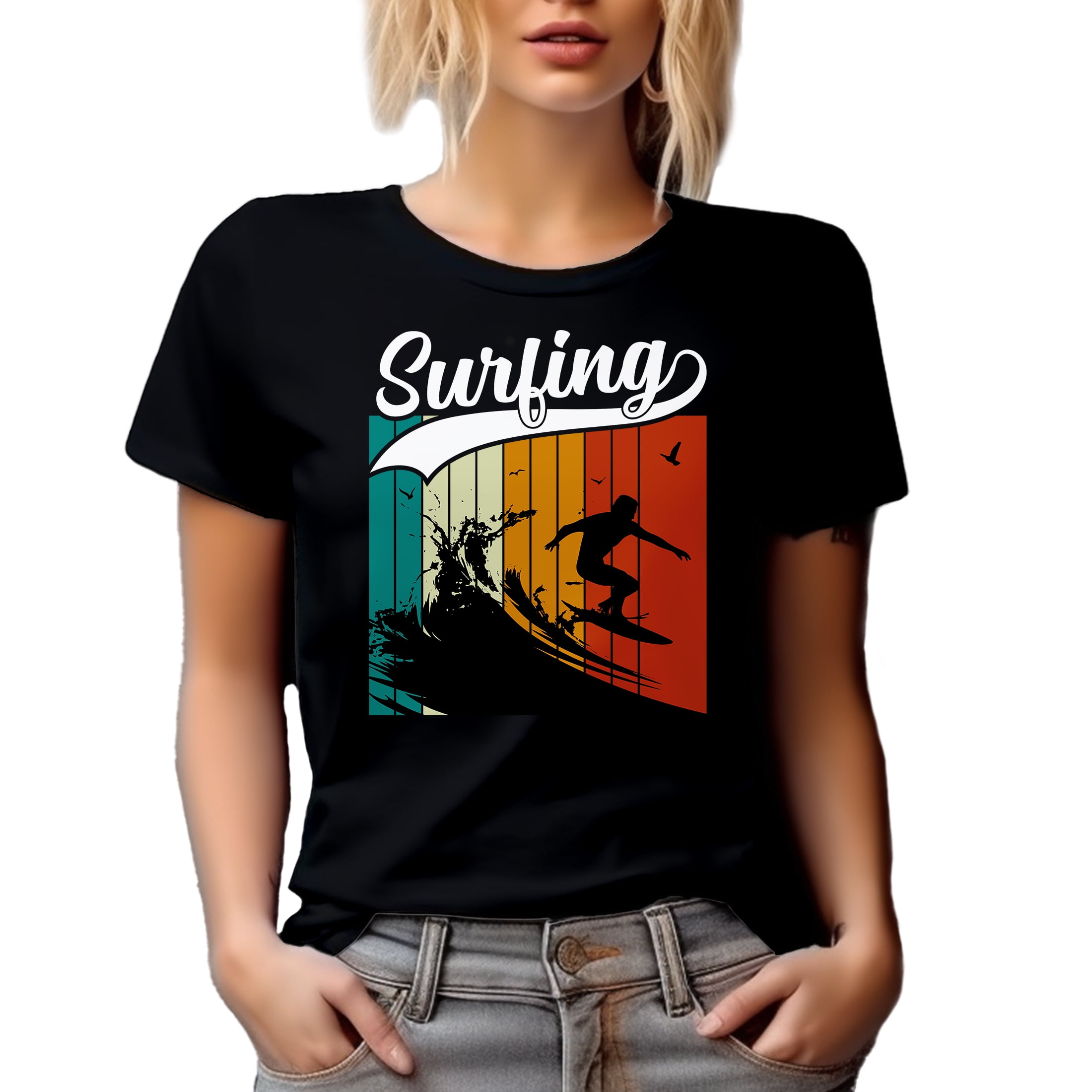 Retro Surfing Art feat. a Surfer, Black T-Shirt, XL