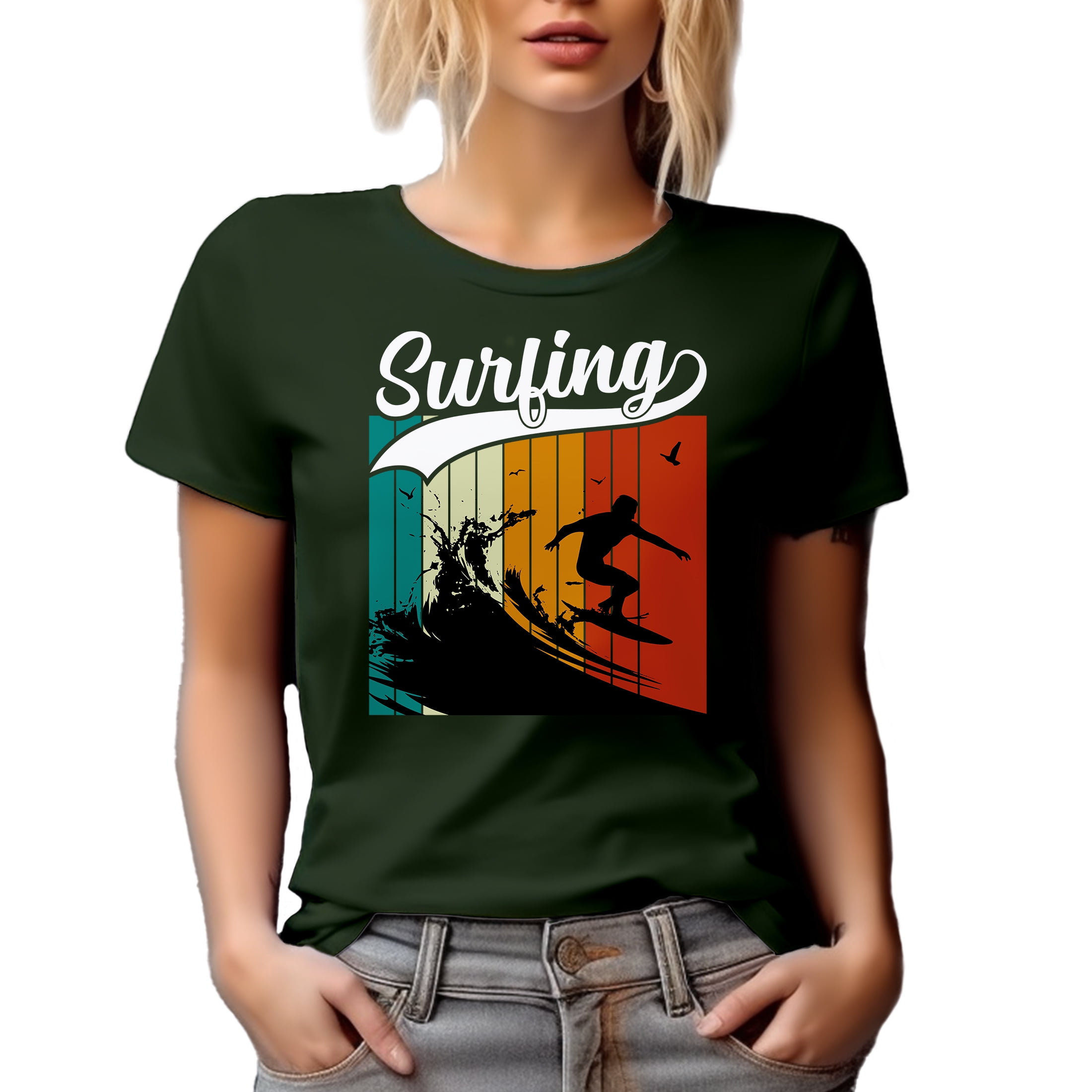 Retro Surfing Art feat. a Surfer, Military Green T-Shirt, XL