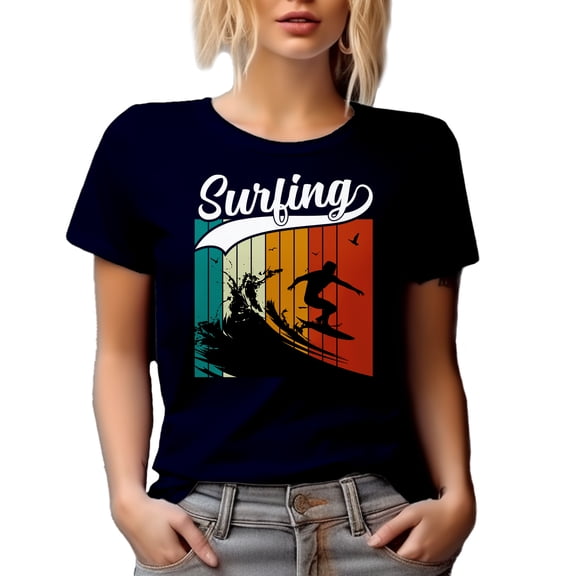 Retro Surfing Art feat. a Surfer, Navy Blue T-Shirt, Large