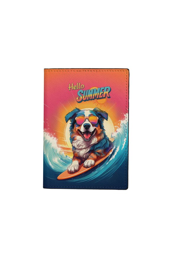 Retro Surfing Australian Shepherd in Cool Sunglasses Hello Summer Waves Travel Passport Wallet Aussie Dog Lover Gifts PU Leather Passport Holder Cover - 10001