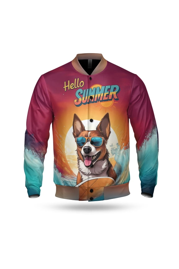 Retro Surfing Basenji in Cool Sunglasses Hello Summer Waves All Over Print 3D Baseball Jacket African Barkless Dog Lover Bomber Jacket Softball - 10001