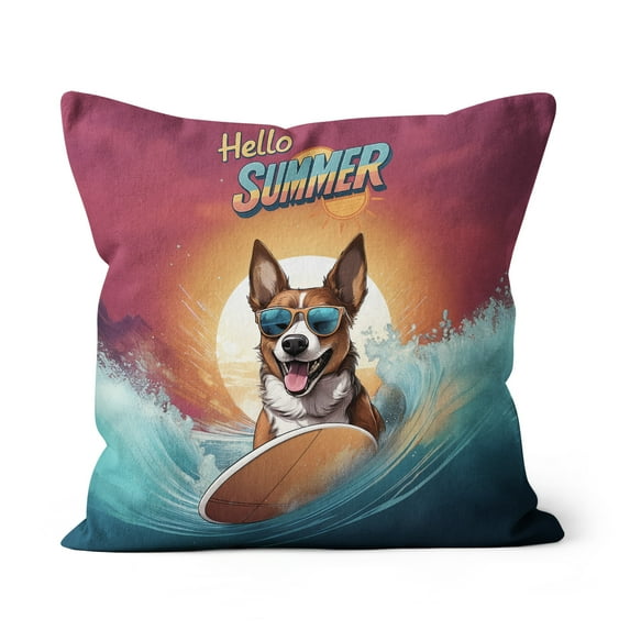 Retro Surfing Basenji in Cool Sunglasses Hello Summer Waves Pillow Cushion Double Sided African Barkless Dog Lover Throw Pillow - 10001
