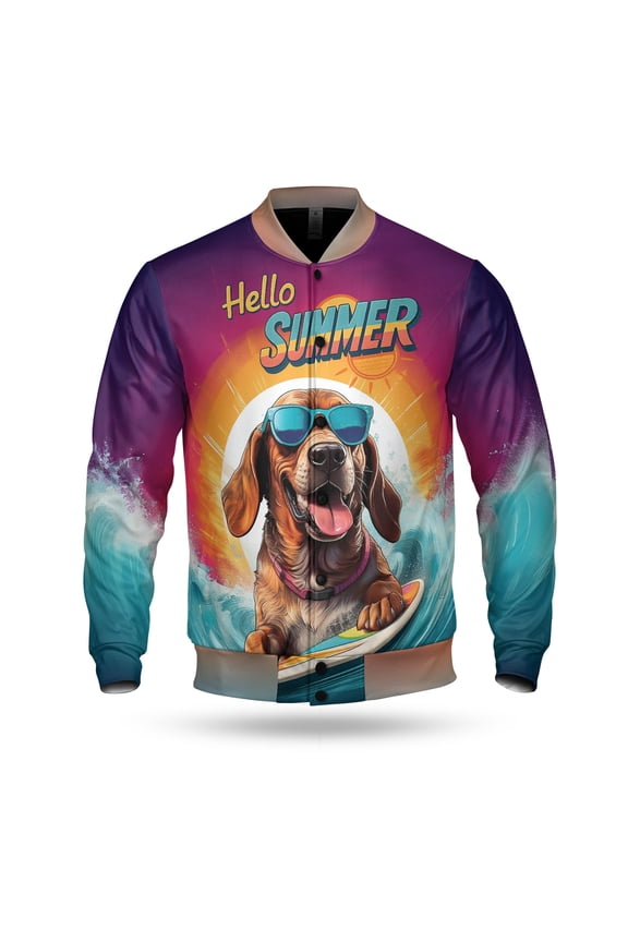 Retro Surfing Bloodhound in Cool Sunglasses Hello Summer Waves All Over Print 3D Baseball Jacket Dog Lover Bomber Jacket Softball - 10001