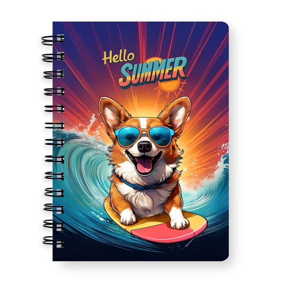 Retro Surfing Corgi in Cool Sunglasses Hello Summer Waves Spiral Bound Journal Welsh Corgi Dog Lover Gifts Idea 5x7in Spiral Notebook - 10001