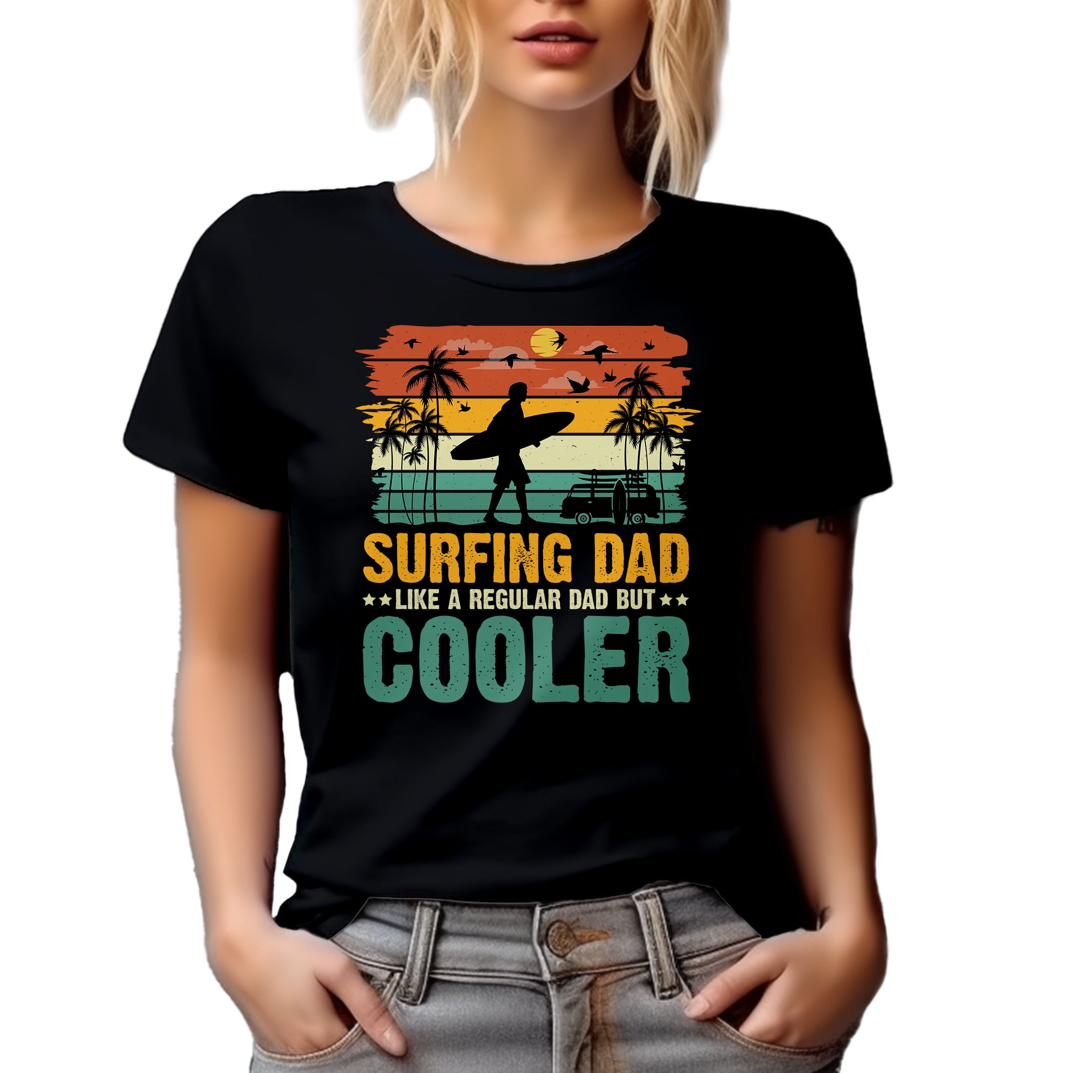 Retro Surfing Dad Like a Regular Dad but Cooler, Surfer Father's Day, Black T-Shirt, Medium