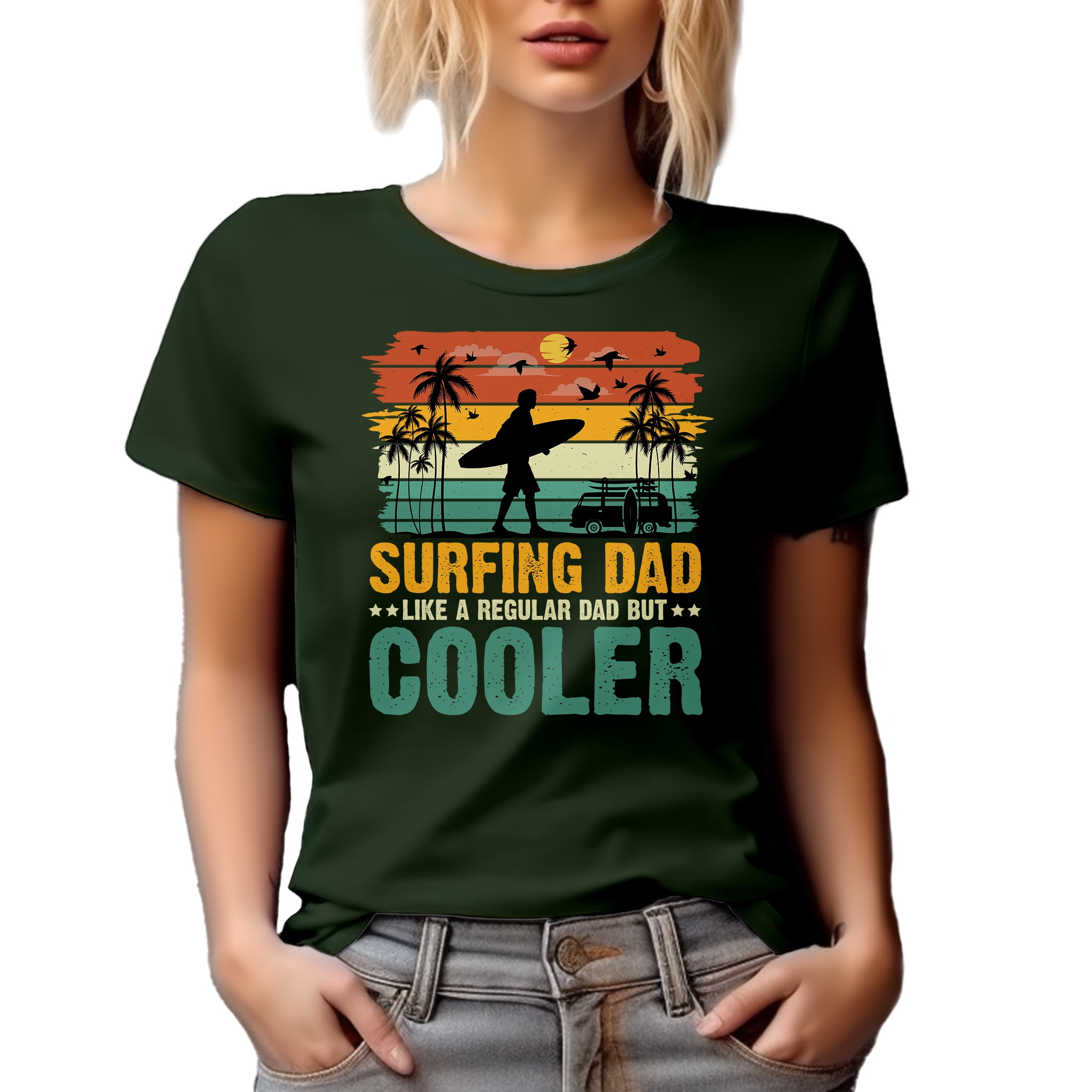 Retro Surfing Dad Like a Regular Dad but Cooler, Surfer Father's Day, Military Green T-Shirt, 3XL