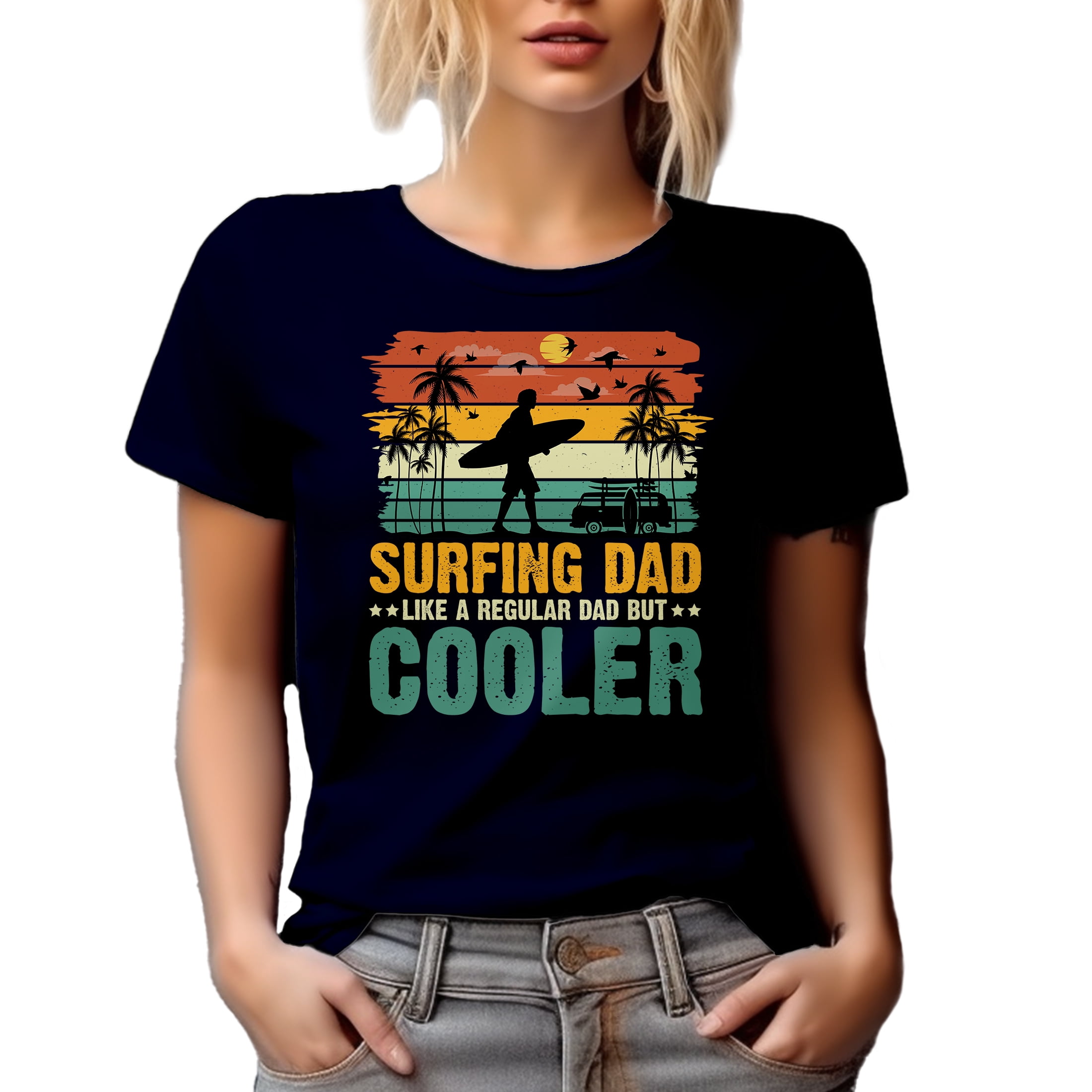Retro Surfing Dad Like a Regular Dad but Cooler, Surfer Father's Day, Navy Blue T-Shirt, Large