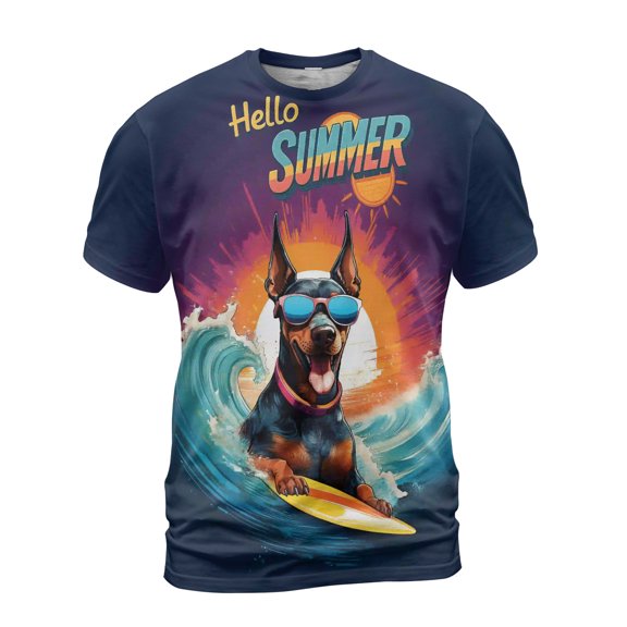 Retro Surfing Doberman Pinscher in Cool Sunglasses Hello Summer Waves All Over Print 3D Shirt Unisex Merch Doberman Dog Lover Gifts - 10001