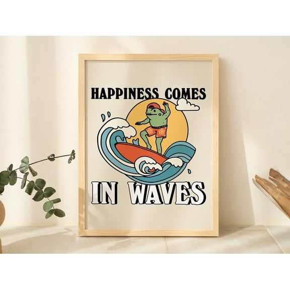 Retro Surfing Frog Surf Art Seaside Ocean Positive Quote, Unframed Paper Print Size 8x12